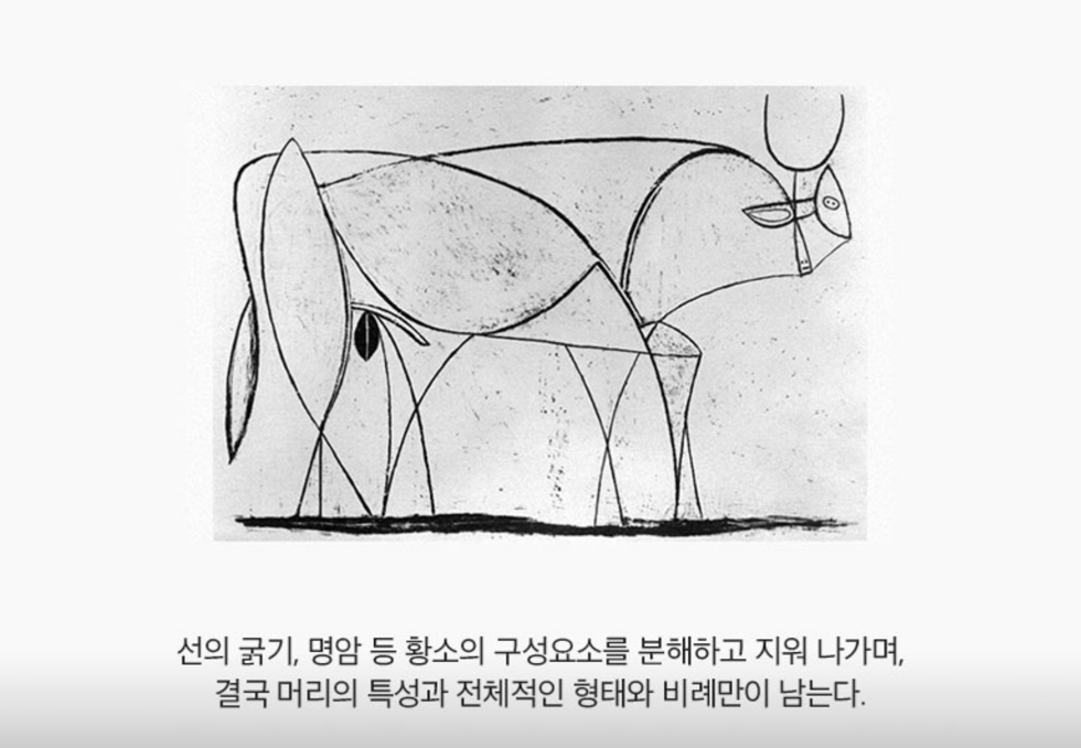 선의 굵기, 명암 등 황소의 구성요소를 분해하고 지워나가며, 결국 머리의 특성과 전체적인 형태와 비례만이 남는다.